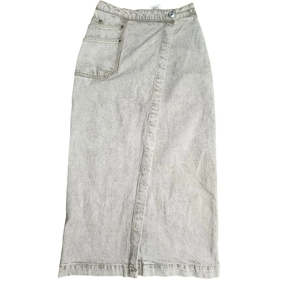 Bimba Y Lola Womens Wrap Asymmetrical Straight Midi Skirt 36 Acid Wash Denim